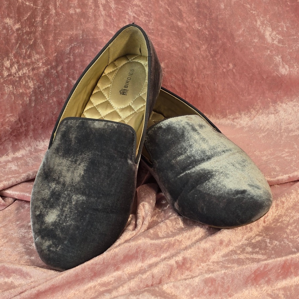 Birdies Starling Velvet Loafers Slate Gray Quilted Gold Insole Smoking Flats